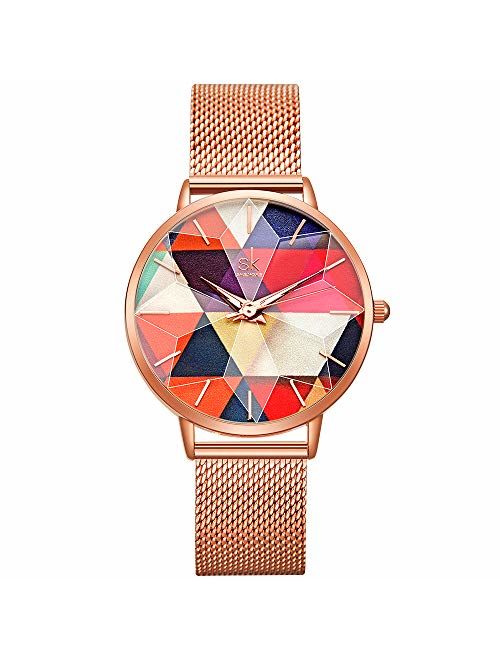 SK Ultra Thin Minialist Creative Starry Sky Women Watch with Genuine Leather Stainless Steel Mesh Band Floral Watch