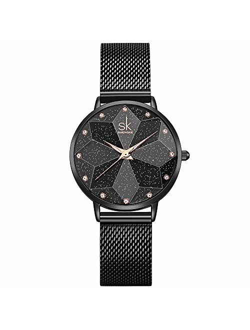 SK Ultra Thin Minialist Creative Starry Sky Women Watch with Genuine Leather Stainless Steel Mesh Band Floral Watch