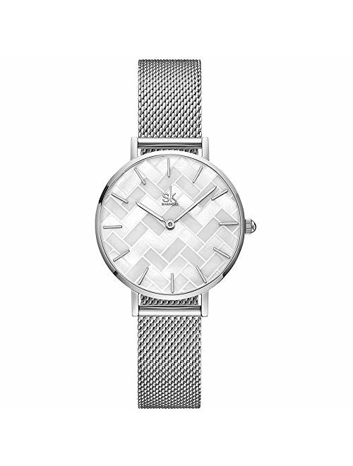 SK Ultra Thin Minialist Creative Starry Sky Women Watch with Genuine Leather Stainless Steel Mesh Band Floral Watch