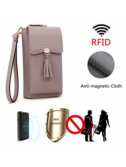 RFID Blocking Wallet Women's Small Crossbody Handbag Cell Phone Bag Credit Card Purse with Tassel