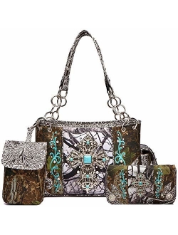 Western Style Camouflage Concealed Carry Purse Buckle Country Studs Women Handbag Shoulder Bag Wallet Set