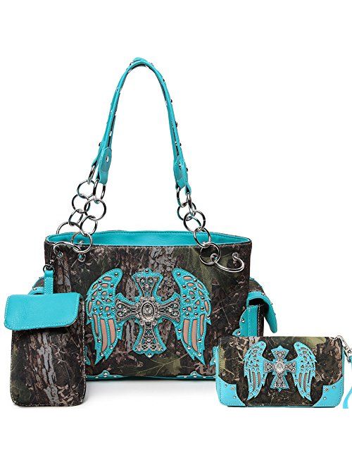 Western Style Camouflage Concealed Carry Purse Buckle Country Studs Women Handbag Shoulder Bag Wallet Set