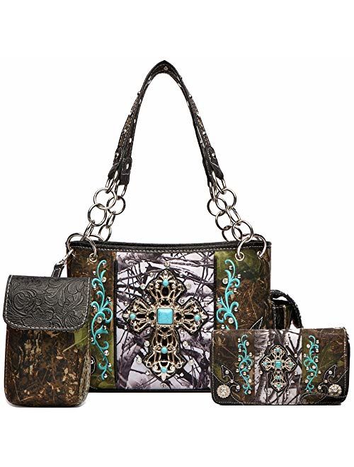 Western Style Camouflage Concealed Carry Purse Buckle Country Studs Women Handbag Shoulder Bag Wallet Set