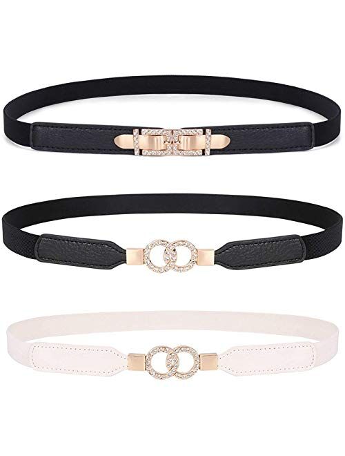 JASGOOD 2 Pack Women Retro Elastic Stretchy Metal Buckle Skinny Waist Belt 1 inch Wide