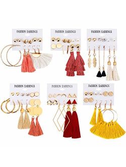 JACEDOFU 36 PairsTassel Earrings Layered Long Thread Ball Dangle Earrings Stud Earring Bohemian Tiered Tassel Drop Earrings Fashion Jewelry for Women Girls Valentine Birt