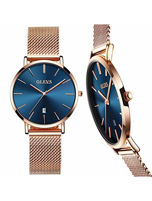 6.5mm Ultra Thin Watches for Women Waterproof,Rose Gold Stainless Steel Ladies Watch,Casual Women Watches with Date,Big Face Female Wristwatches,Japanese Quartz Lady Watc