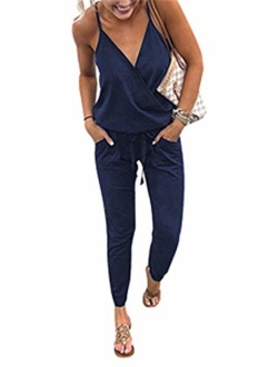 Adibosy Women V Neck Jumpsuits Overalls Strap Sleeveless Summer Casual Playsuit Rompers with Pockets