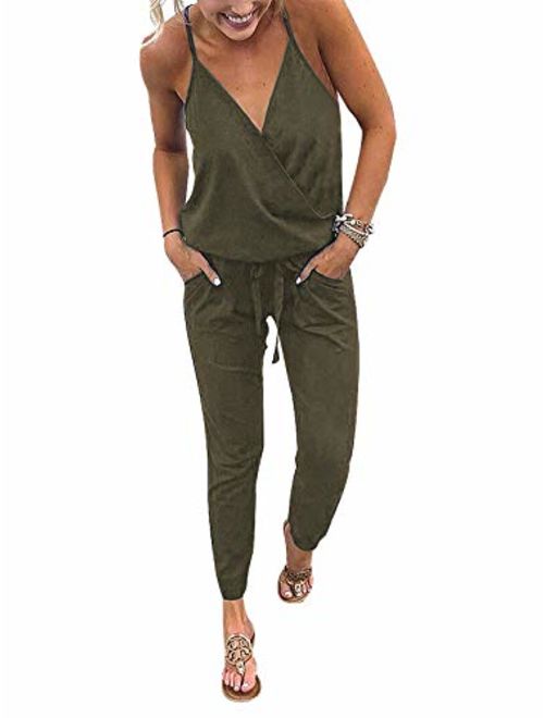 Adibosy Women V Neck Jumpsuits Overalls Strap Sleeveless Summer Casual Playsuit Rompers with Pockets