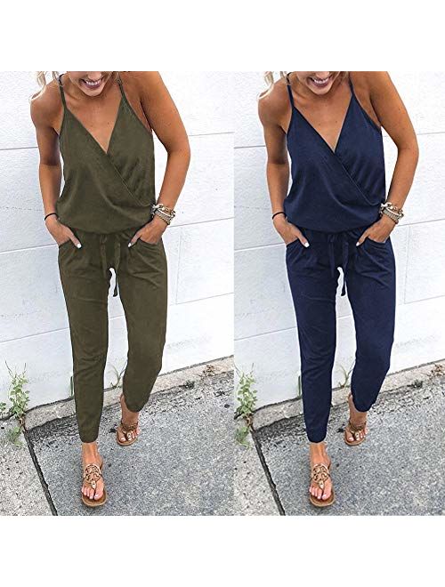 Adibosy Women V Neck Jumpsuits Overalls Strap Sleeveless Summer Casual Playsuit Rompers with Pockets