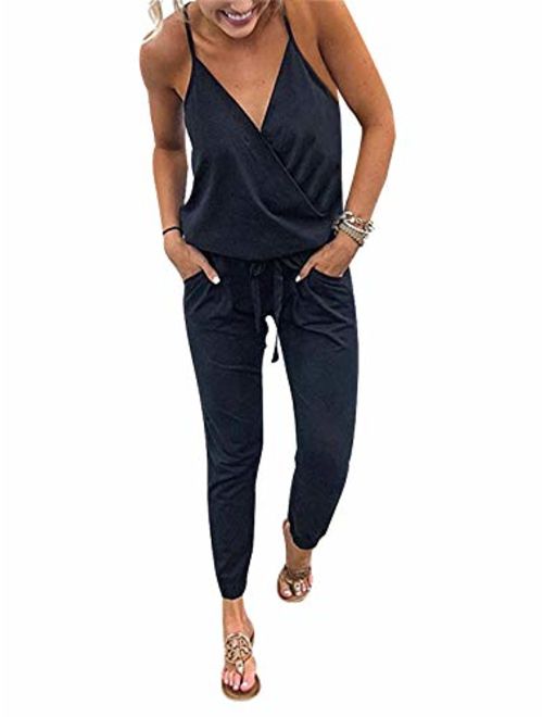 Adibosy Women V Neck Jumpsuits Overalls Strap Sleeveless Summer Casual Playsuit Rompers with Pockets