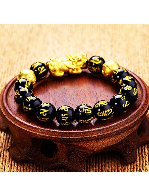 Feng Shui The Best 12mm Black Hand Carved Mantra Bead Bracelet with Golden Pi Xiu/Pi Yao Lucky Wealthy Amulet Brecelet