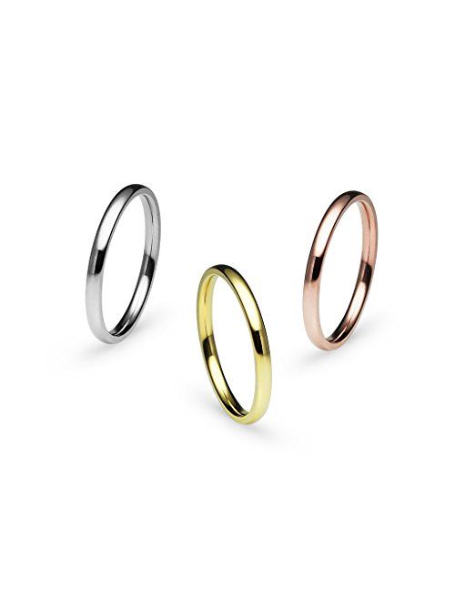 Silverline Jewelry 3pcs 2mm Stainless Steel Women's Plain Wedding Band Stacking Comfort Fit Rings Silver/Gold/Rose/Black/Blue/Tricolor Tone Half Sizes 5-12