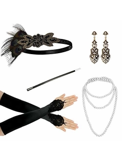 Zivyes 1920s Accessories Headband Necklace Gloves Cigarette Holder Flapper Costume Accessories for Women