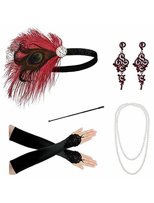 Zivyes 1920s Accessories Headband Necklace Gloves Cigarette Holder Flapper Costume Accessories for Women