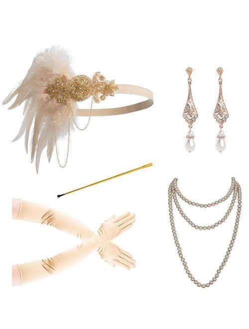 Zivyes 1920s Accessories Headband Necklace Gloves Cigarette Holder Flapper Costume Accessories for Women