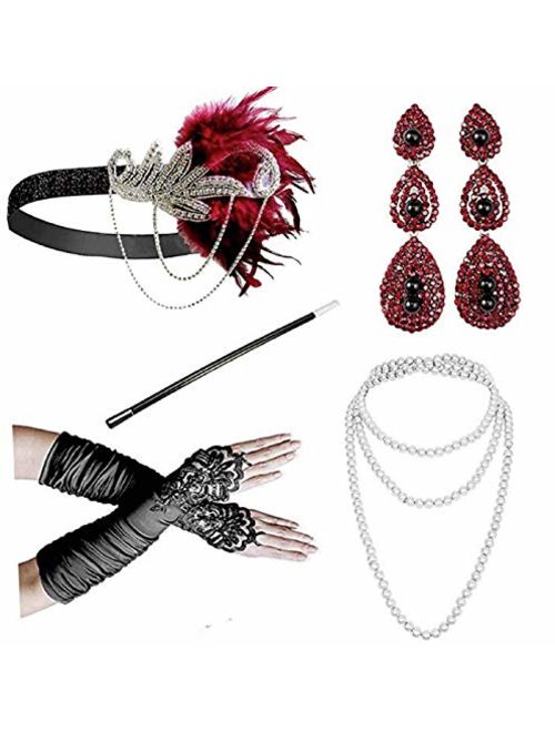 Zivyes 1920s Accessories Headband Necklace Gloves Cigarette Holder Flapper Costume Accessories for Women