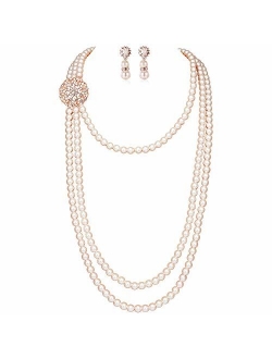 BABEYOND 1920s Gatsby Pearl Necklace Vintage Bridal Pearl Necklace Earrings Jewelry Set Multilayer Imitation Pearl Necklace with Brooch