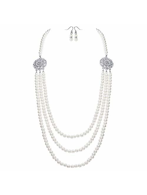 BABEYOND 1920s Gatsby Pearl Necklace Vintage Bridal Pearl Necklace Earrings Jewelry Set Multilayer Imitation Pearl Necklace with Brooch