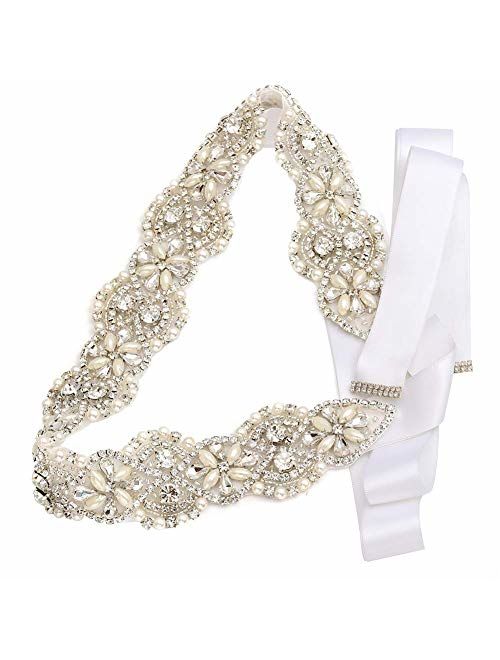 Yanstar Rhinestone Crystal Pearl Belts Wedding Bridal Belts Bridal Sashes