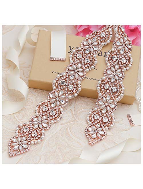 Yanstar Rhinestone Crystal Pearl Belts Wedding Bridal Belts Bridal Sashes