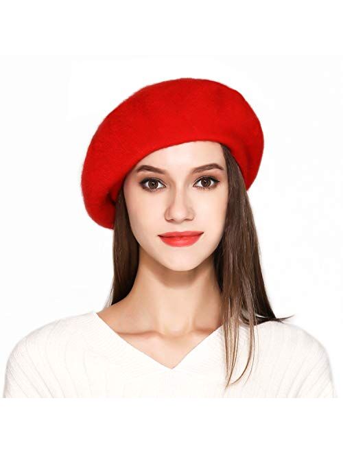 Jeicy Wool Beret Hat Solid Color French Artist Beret Skily Scarf Brooch