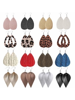 Wremily 16 Pairs Leather Earrings for Women Teardrop Leaf Leopard Print Drop Earrings Lightweight Dangle Earrings Set