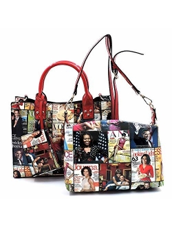 Glossy magazine cover collage crossbody bag purses Michelle Obama mini handbag 3pcs set