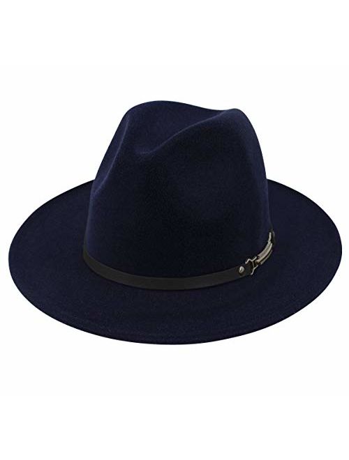 Lanzom Women Lady Retro Wide Brim Floppy Panama Hat Belt Buckle Wool Fedora Hat