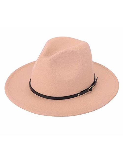 Lanzom Women Lady Retro Wide Brim Floppy Panama Hat Belt Buckle Wool Fedora Hat