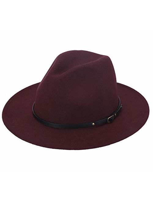 Lanzom Women Lady Retro Wide Brim Floppy Panama Hat Belt Buckle Wool Fedora Hat