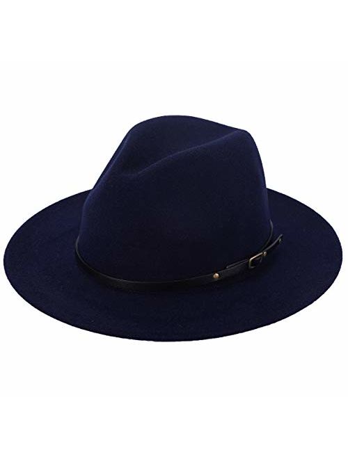 Lanzom Women Lady Retro Wide Brim Floppy Panama Hat Belt Buckle Wool Fedora Hat