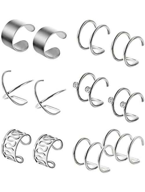 Hestya 6 Pairs Stainless Steel Ear Clips Non Piercing Earrings Hoop Ear Cuffs Cartilage Ear Clips Set for Men Women, 6 Various Styles