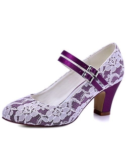 ElegantPark Wedding Shoes for Bride Closed Toe Bridal Shoes Block Heel Pumps Mary Jane Lace Wedding Shoes