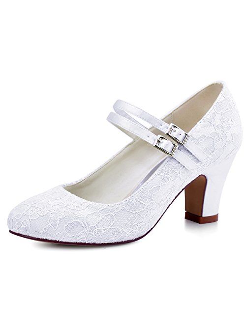 ElegantPark Wedding Shoes for Bride Closed Toe Bridal Shoes Block Heel Pumps Mary Jane Lace Wedding Shoes