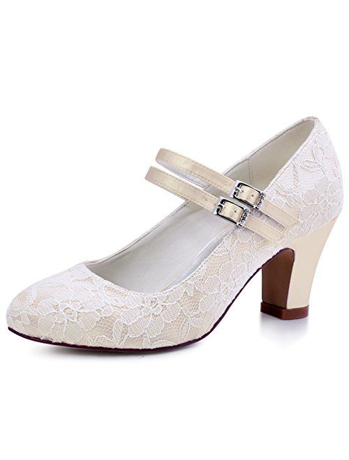 ElegantPark Wedding Shoes for Bride Closed Toe Bridal Shoes Block Heel Pumps Mary Jane Lace Wedding Shoes