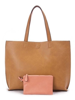 Overbrooke Reversible Tote Bag - Vegan Leather Womens Shoulder Tote with Wristlet