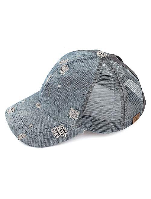 C.C Washed Distressed Cotton Denim Ponytail Hat Adjustable Baseball Cap (BT-12)(BT-13)(BT-14)(BT-15)(BT-18)(BT-780)(BT-783)