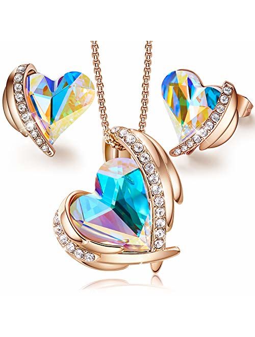 CDE Pink Angel 18K Rose Gold Jewelry Set Women Heart Pendant Necklaces and Stud Earrings Sets Embellished with Crystals from Swarovski for Her Grandmother with Gifts Box