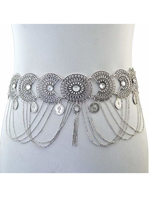 idealway Vintage Waist Chain Hollow Carving Rhinestone Crystal Body Chain Summer Beach Body Waist Chain Jewelry