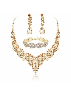 Fiasaso Crystal Bridal Jewelry Set for Women Rhinestone Necklace Earrings Bracelet Wedding Bridesmaid