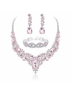 Fiasaso Crystal Bridal Jewelry Set for Women Rhinestone Necklace Earrings Bracelet Wedding Bridesmaid