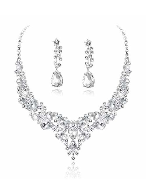 Fiasaso Crystal Bridal Jewelry Set for Women Rhinestone Necklace Earrings Bracelet Wedding Bridesmaid