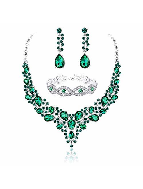 Fiasaso Crystal Bridal Jewelry Set for Women Rhinestone Necklace Earrings Bracelet Wedding Bridesmaid