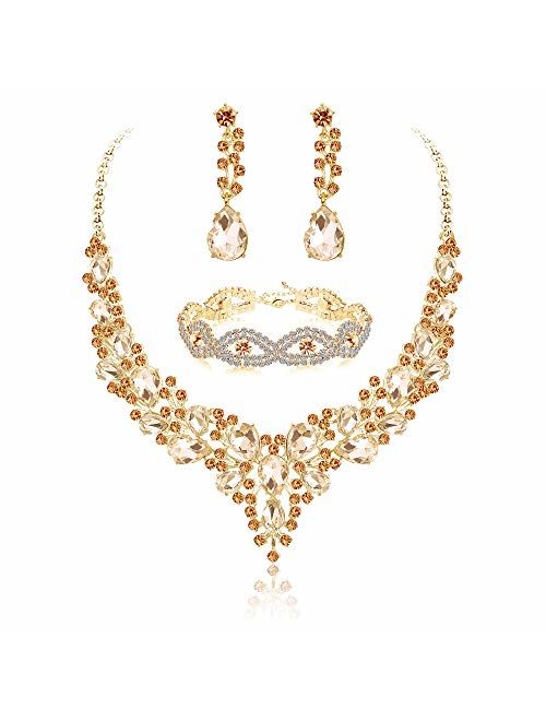 Fiasaso Crystal Bridal Jewelry Set for Women Rhinestone Necklace Earrings Bracelet Wedding Bridesmaid