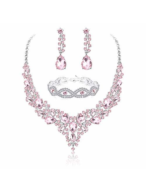 Fiasaso Crystal Bridal Jewelry Set for Women Rhinestone Necklace Earrings Bracelet Wedding Bridesmaid