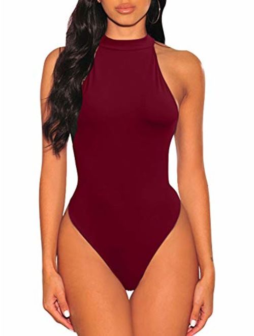 TOB Women's Sexy Sleeveless Bodysuit Tops High Waist Bodycon Scoop Neck Leotard