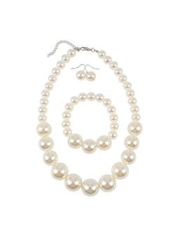 KOSMOS-LI Women's Large Big Simulated Pearl Statement 19" Necklace Bracelet and Earrings Jewelry Set