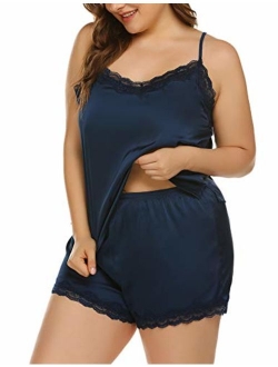 IN'VOLAND Sleepwear Womens Plus Size Pajama Set Satin Lace Lingerie Shorts Set Nightwear Pjs Sets