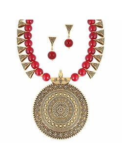 MUCH-MORE Indian Oxidized Colored Pearl Beaded Tribal Disk Necklace Set Traditional Jewelry for Women