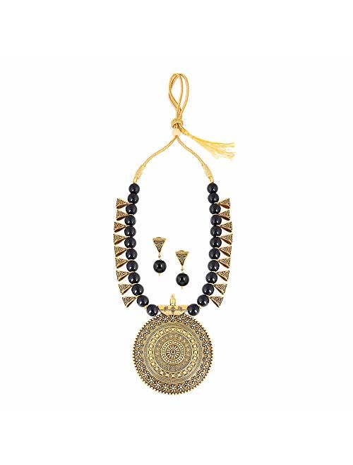 MUCH-MORE Indian Oxidized Colored Pearl Beaded Tribal Disk Necklace Set Traditional Jewelry for Women